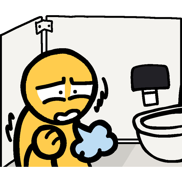 an emoji-yellow person standing in a bathroom stall, shaking and hyperventilating. they look distressed. there's a small gap between the bathroom stall and the floor